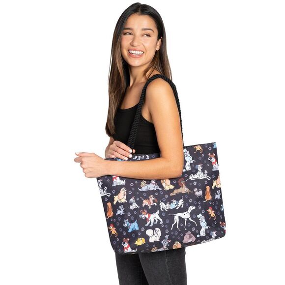 New Disney Dogs Travel Rope Tote Bag Carry-On Paw Prints 101 Dalmatians Black - Picture 1 of 7